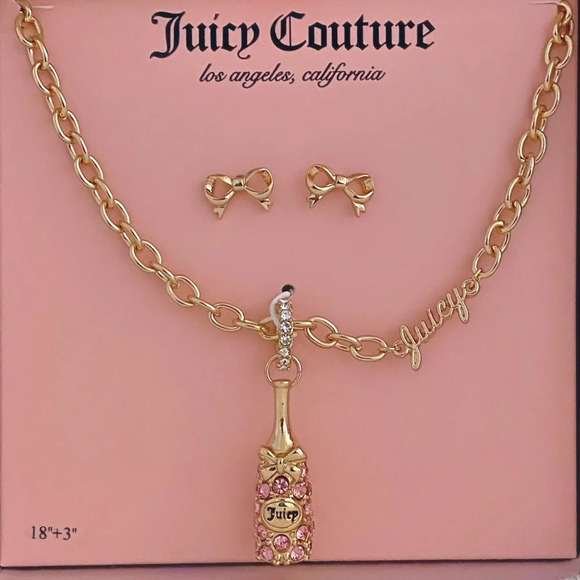 Juicy Couture Rhinestone Pink Champagne Bottle Necklace & Bow Earrings Gift Set - Picture 1 of 6